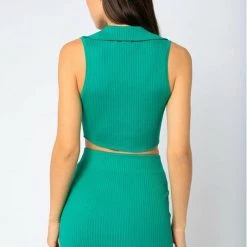 Olivaceous Collared Rib Crop Top Tops