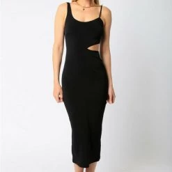 Olivaceous Asymmetrical Cutout Midi Dress Dresses