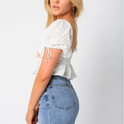 Olivaceous Eyelet Crop Short Sleeve Top
