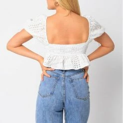 Olivaceous Eyelet Crop Short Sleeve Top