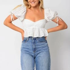 Olivaceous Eyelet Crop Short Sleeve Top