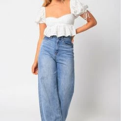 Olivaceous Eyelet Crop Short Sleeve Top
