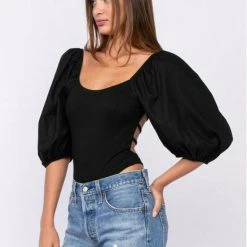Sky To Moon Puff Sleeve Open Back Bodysuit Tops