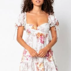 Olivaceous Baby Doll Puff Sleeve Floral Dress