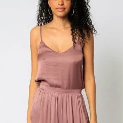 Olivaceous Satin V Neck Tank Tops