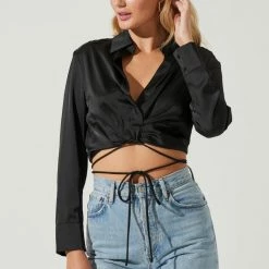 ASTR The Label Tops ASTR Perry Satin Wrap Tie Front Top