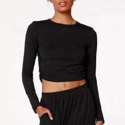 Tops Bobi Shirred Long Sleeve Crop Top - Black