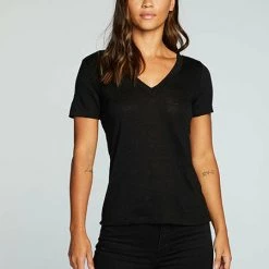 Tops Chaser Linen Jersey Raw Edge Double V Short Sleeve Tee