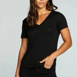 Tops Chaser Linen Jersey Raw Edge Double V Short Sleeve Tee