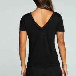 Tops Chaser Linen Jersey Raw Edge Double V Short Sleeve Tee