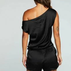 Tops Chaser Stretch Silky Basics Off The Shoulder Sleeveless Top - True Black