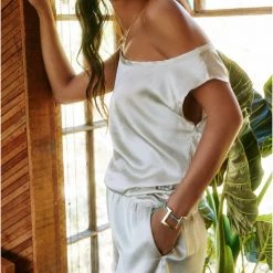 Chaser Stretch Silky Basics Off The Shoulder Sleeveless Top - Bark Tops