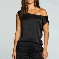 Tops Chaser Stretch Silky Basics Off The Shoulder Sleeveless Top - True Black