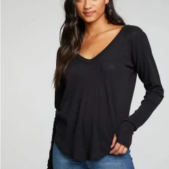 Chaser Heritage Waffle Long Sleeve Double V Neck Shirttail Tee With Thumbholes Tops