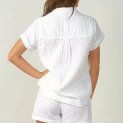 Tops Elan Gauze Button Up Short Sleeve Top