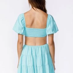 Sky To Moon Smocked Puff Sleeve Square Neck Mini Dress - Bubble Blue