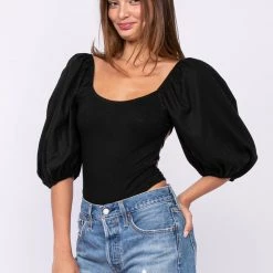 Sky To Moon Puff Sleeve Open Back Bodysuit Tops