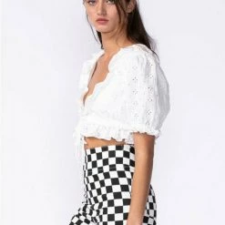 Tops Sky To Moon Floral Eyelet Ruffle Crop Top