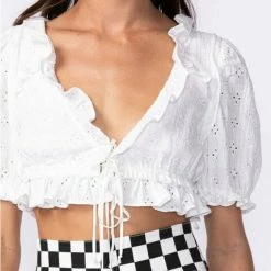 Tops Sky To Moon Floral Eyelet Ruffle Crop Top