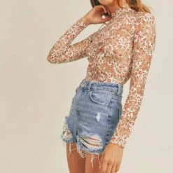 Sage The Label Four Letters Mock Neck Long Sleeve Bodysuit