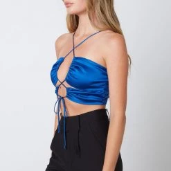 Tops Cotton Candy LA Satin Strappy Tie Top - Cobalt