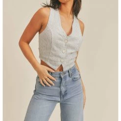 Sage The Label Johanne Stripe Linen Open Back Vest Tops