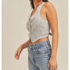 Sage The Label Johanne Stripe Linen Open Back Vest Tops