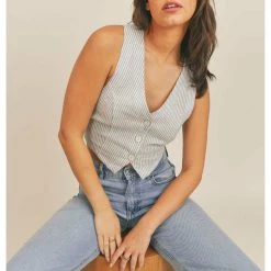 Sage The Label Johanne Stripe Linen Open Back Vest Tops