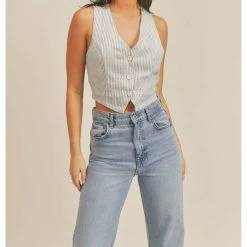 Sage The Label Johanne Stripe Linen Open Back Vest Tops